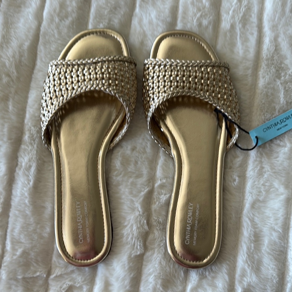 Cynthia Rowley Gold Woven Slide Sandals